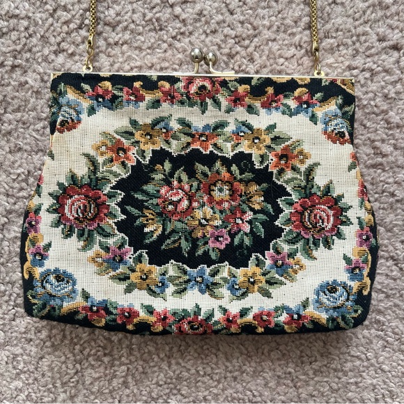 Vintage Floral Petit Point Needlepoint Tapestry Bag Gold Handle Dainty Evening - Picture 2 of 4